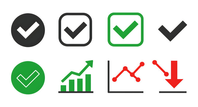 Business Icon Set with Tick Marks and Graphs Representing Growth and Decline