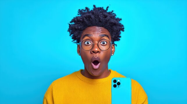 A Moment of Astonishment: A youthful individual expresses sheer shock and surprise, holding an electric blue smartphone with an expressive face against a vibrant blue backdrop.