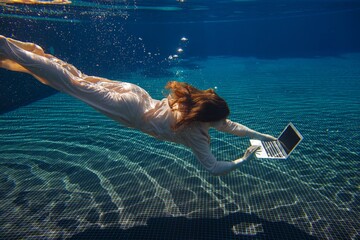 Businesswoman working with laptop underwater in swimming pool