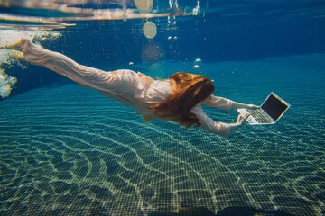 Businesswoman working with laptop underwater in swimming pool