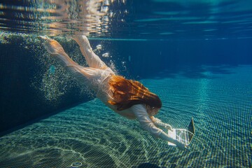 Businesswoman working with laptop underwater in swimming pool