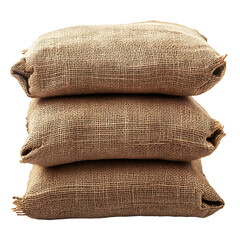 Three stacked burlap sacks isolated on transparent background