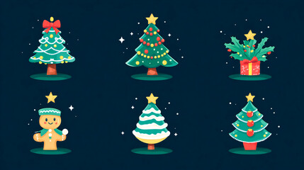 Christmas festive elements collection with tree, gift, gingerbread, and decorations for holiday designs