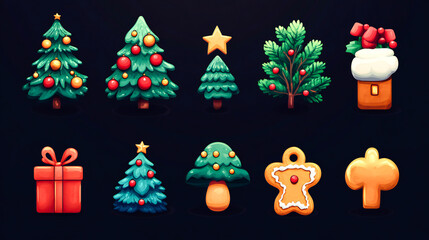 Christmas festive elements collection with tree, gift, gingerbread, and decorations for holiday designs