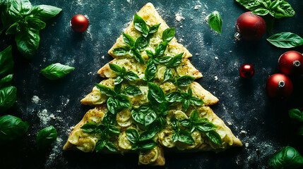 Christmas tree shaped pizza decorated with basil on dark background