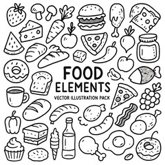 Doodle food elements vector illustration pack with fruits, vegetables ,meats and drinks