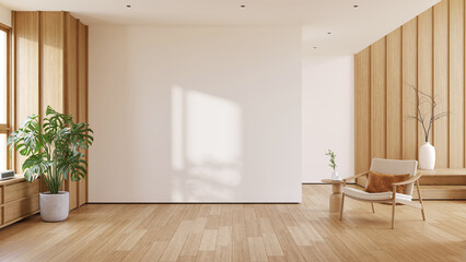  Minimalist living room ionterior design. with  Modern Scandinavian armchair. with natural light and wood floorling.3drender