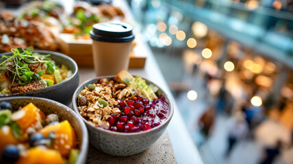 Assortment of colorful and healthy bowls and a drink on a counter. A visual treat of fresh ingredients and nutritious delight.