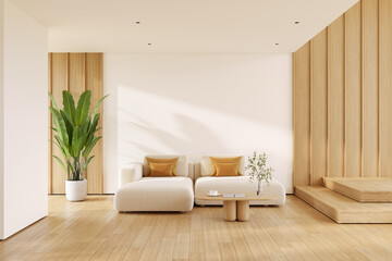 Modern living room interior with minimalist solf sofa, a light wood coffee table, and a tiered wooden wall, with natural light and wood floorling.3drender