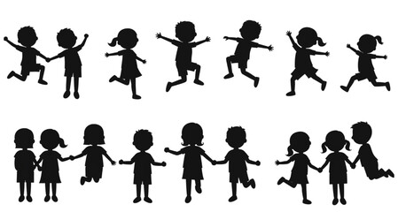 Children silhouettes playful kids group jumping dancing holding hands minimal vector illustration for education fun activity design cartoon style artwork