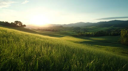 Fototapeta premium Sunrise over rolling hills green landscape nature photography serene environment wide angle view tranquility concept for seo impact