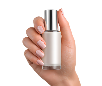 Female hand holding blank cosmetic bottle isolated o white background