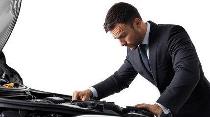 Fototapeta premium Car maintenance action by businessman in urban environment under the hood inspection professional setting focused viewpoint