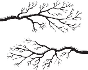 Fototapeta premium A pair of hand-drawn, snow-dusted, bare winter tree branches, perfect for seasonal and holiday-themed designs.