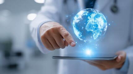 Doctor points at digital globe on tablet in clinic