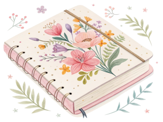 Watercolor birthday book with flowers, vector clipart, isolated on transparent background.
