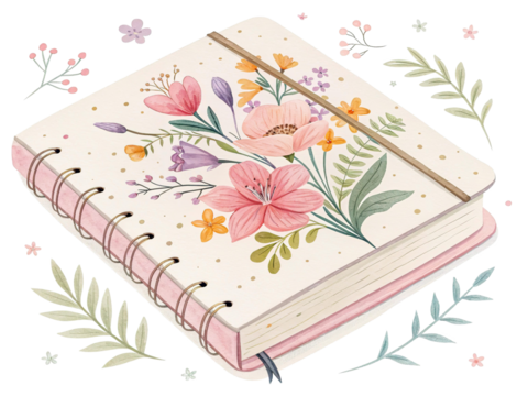 Watercolor birthday book with flowers, vector clipart, isolated on transparent background.