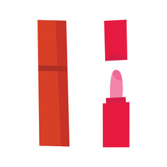 Flat illustration of a closed and opened lipstick tube in red and pink shades.