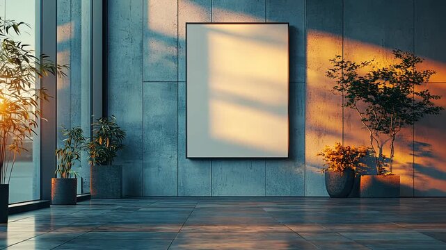 A blank frame hangs on a concrete wall, bathed in the warm glow of sunset, creating a serene atmosphere.