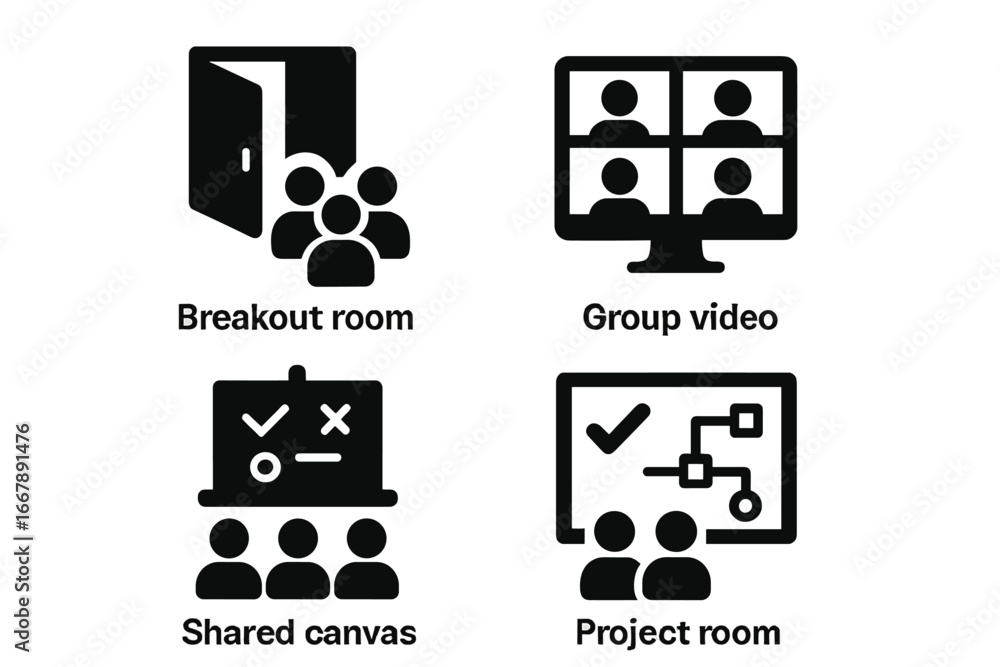 Poster solid filled virtual team icon set, 4 vector illustrations of collaborative digital meeting spaces w