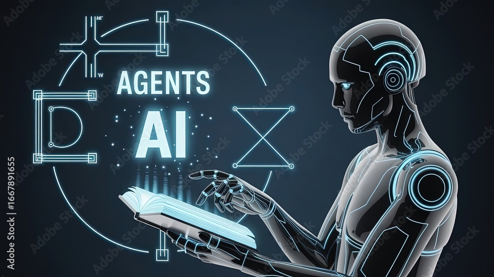 Poster ai agent of innovation: in a modern digital illustration, an advanced ai agent stands poised, intera