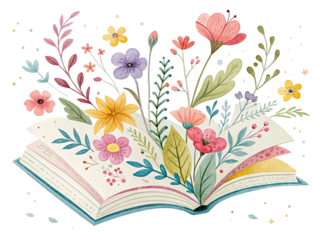 Birthday watercolor clipart of an open book surrounded by flowers, isolated transparent.