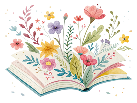Birthday watercolor clipart of an open book surrounded by flowers, isolated transparent.