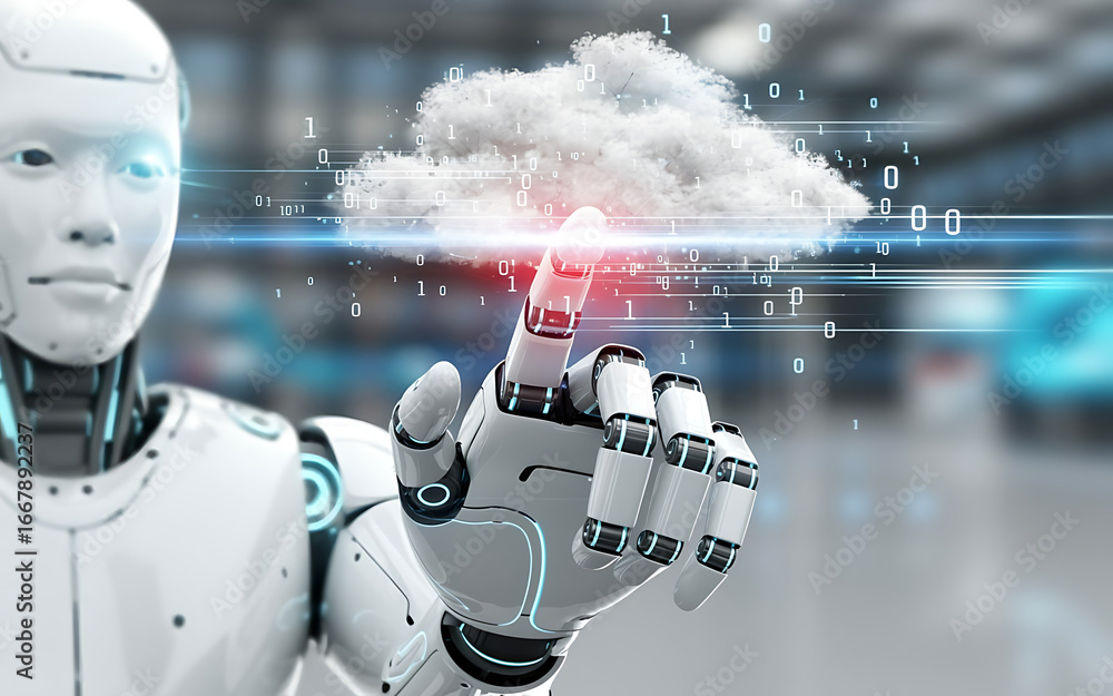Aufkleber ai cloud computing robot touching cloud technology interface