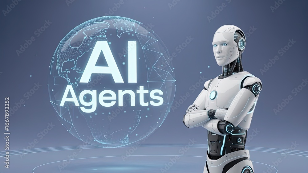 Poster ai agents: an advanced, robotic ai agent stands confidently against the backdrop of a digital sphere