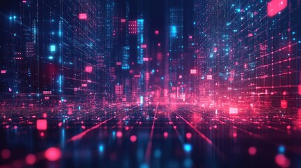 Fototapeta premium Abstract Futuristic Cityscape with Illuminated Data Streams and Interconnected Grids