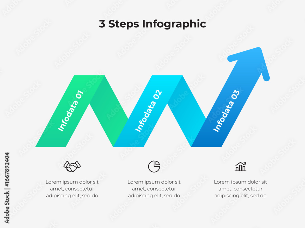 Poster three steps business infographic representing data flow and progress