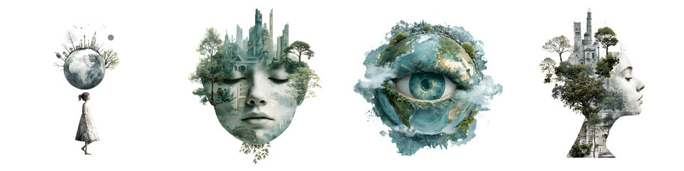 Surreal Earth and Nature Face. Watercolor Illustration