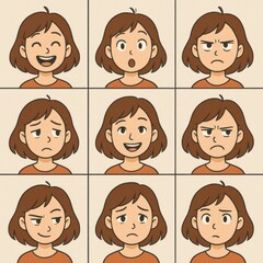 a collection of cute cartoon girl portraits showing a variety of different emotions and facial expressions each with simple clean line art and a neutral background