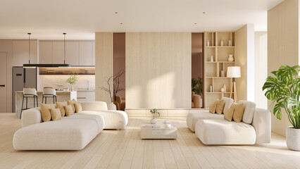 Spacious modern living room with open-plan kitchen in Japandi style, featuring minimalist sofas with tv cabinet and natural light.3d render