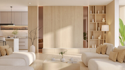 Cozy minimal style living room with comfortable beige sofas, wooden wall feature,with wooden tv cabinet, and minimalist decor.3d render