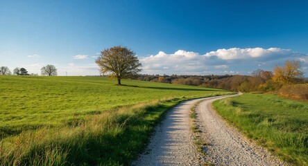 Obraz premium A Winding Path Through Green Fields Serene Landscape Under a Bright Blue Sky.