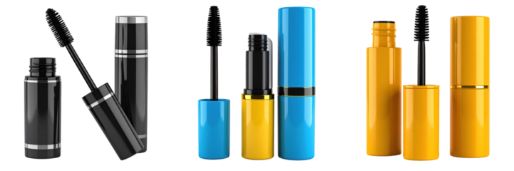 3D Plastic Style Mascara Set In Black Blue And Yellow With Silver Details On Transparent Background