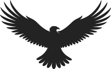 Black silhouette eagle in flight, wings spread wide, majestic bird illustration, powerful raptor graphic, freedom symbol art, detailed feather design, wildlife emblem