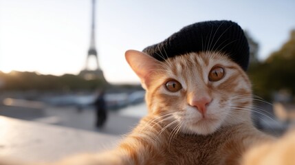 A stylish orange cat wearing a black beret poses for a selfie in front of the Eiffel Tower at sunset. This image captures playful charm and French flair. Perfect for pet lovers. AI