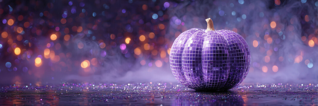 Halloween banner with sparkling purple pumpkin and copy space 