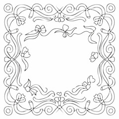 Doodle hand drawn frames with wavy lines, bows and ribbons. Minimalist simple line art. Trendy vintage whimsical borders for wedding invitations, birthday card, prints.