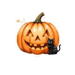Halloween Clipart Graphic:Cute Halloween Jack-o'-Lantern with a Black Cat for Spooky and Festive Illustrations.PNG on Transparent Background.