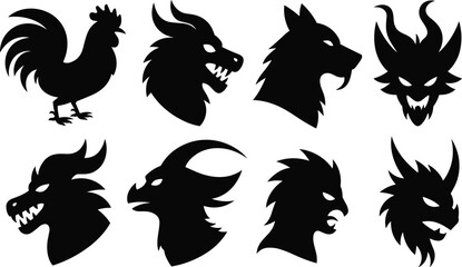 Fantasy creature silhouettes, mythical animal icons, dragon head, demon face, rooster, wolf, goat, monster illustration, black vector art, graphic design