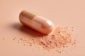 An open capsule reveals its powdery contents. The capsule is a light, translucent peach, and the powder spilled out is similar.