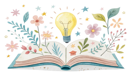Watercolor open book with glowing bulb, flowers, leaves, and stars, isolated on transparent.