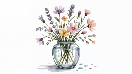 "Watercolor Flowers in Glass Vase Illustration - Beautiful Watercolor Flowers Bouquet Art Print - Pastel Watercolor Flowers Digital Painting Home Decor"