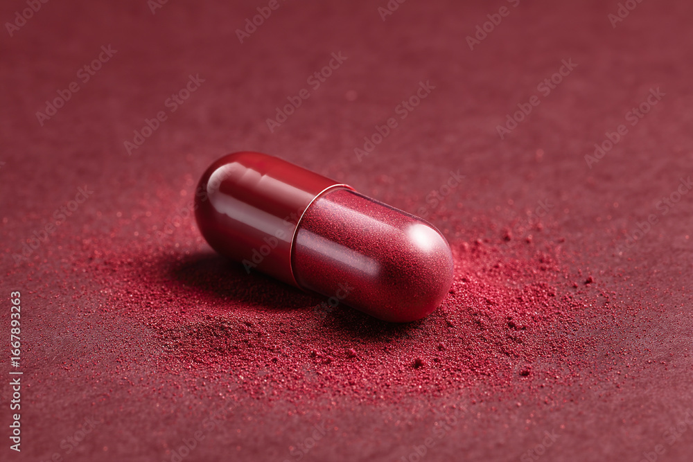 Poster a single, maroon-colored capsule lies on a dark-red textured surface, surrounded by a dusting of the