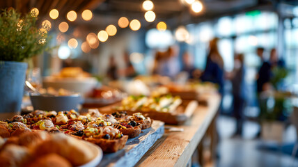 Buffet table laden with snacks and appetizers at an event, creating a vibrant and appealing food display. Focus on food.