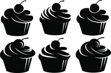 Cupcake silhouette collection, dessert vector illustration, sweet bakery icon, cherry topping design, black and white pastry art, confectionery graphic, food decoration element
