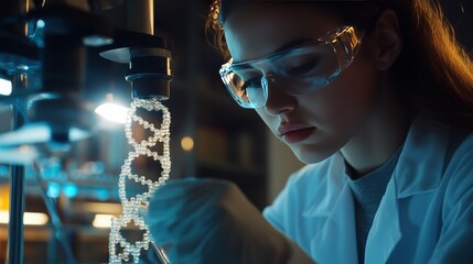 Scientific research event featuring young female scientist in laboratory focused on dna analysis innovative technology close-up view